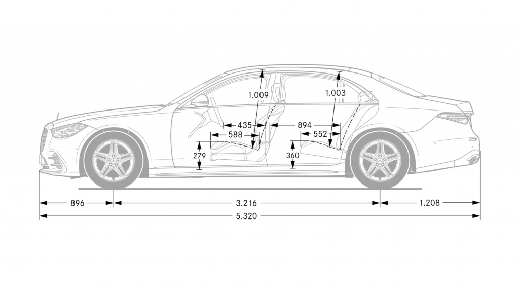 Schemazeichnung lange Version der S-Klasse. Pressebild: Mercedes-Benz
