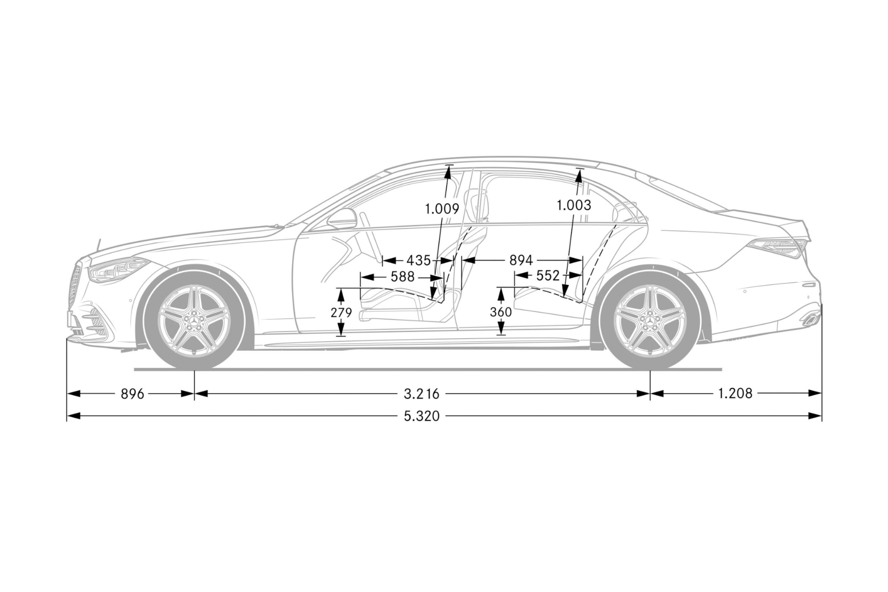 Schemazeichnung lange Version der S-Klasse. Pressebild: Mercedes-Benz